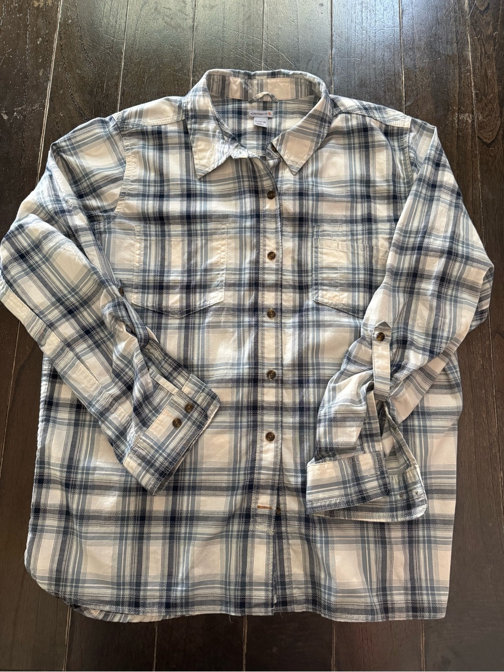 Carhartt White and Blue Plaid Button-Down Shirt XL - Picture 2 of 7